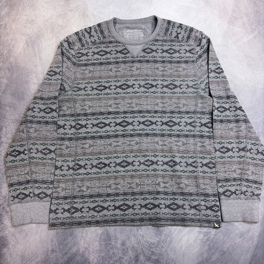 Eddie Bauer Mens Small Grey Southwestern Waffle Knit Thermal Long Sleeve Shirt‎